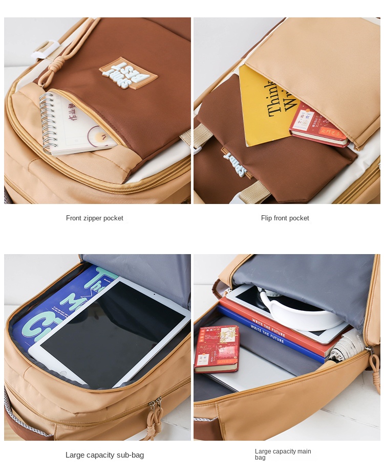 4-Piece Girls' Student Backpack Set – Beige Plaid School Bags with Fashionable Touch