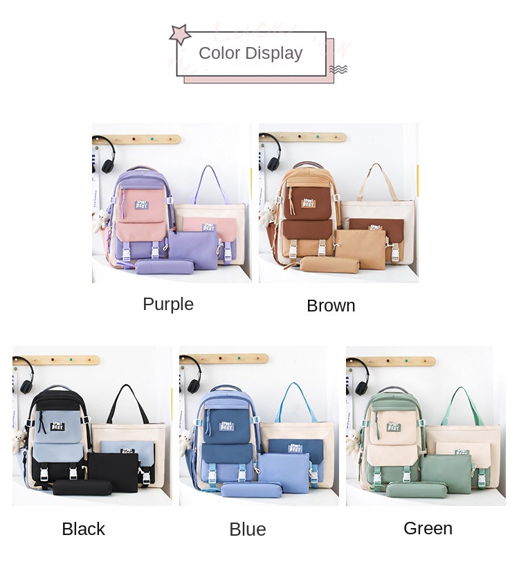 4-Piece Girls' Student Backpack Set – Beige Plaid School Bags with Fashionable Touch