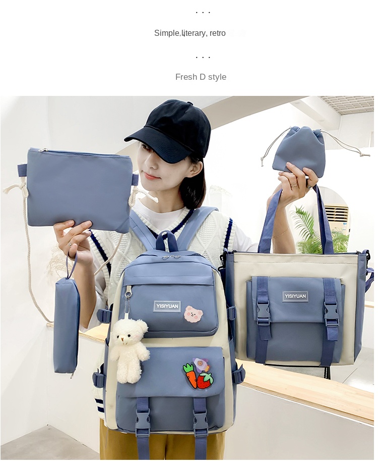 5-Piece Student Backpack Set with Dinosaur Design – Blue School Bags for Boys