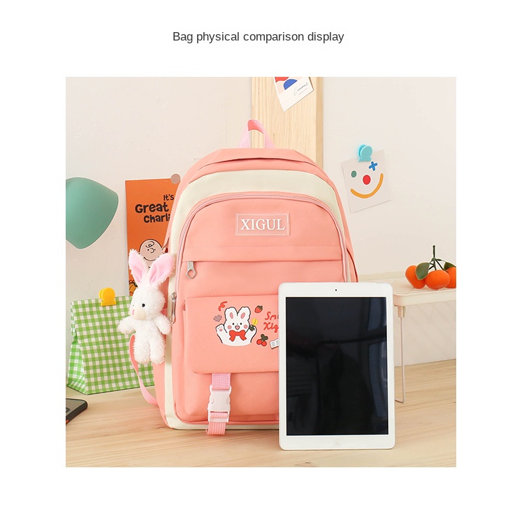 4-Piece Backpack Set for Teen Girls – Beige Korean Plaid School Bag Set