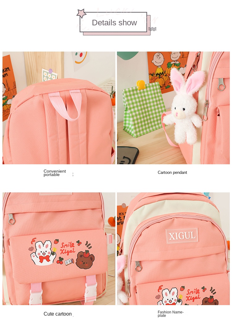 4-Piece Backpack Set for Teen Girls – Beige Korean Plaid School Bag Set
