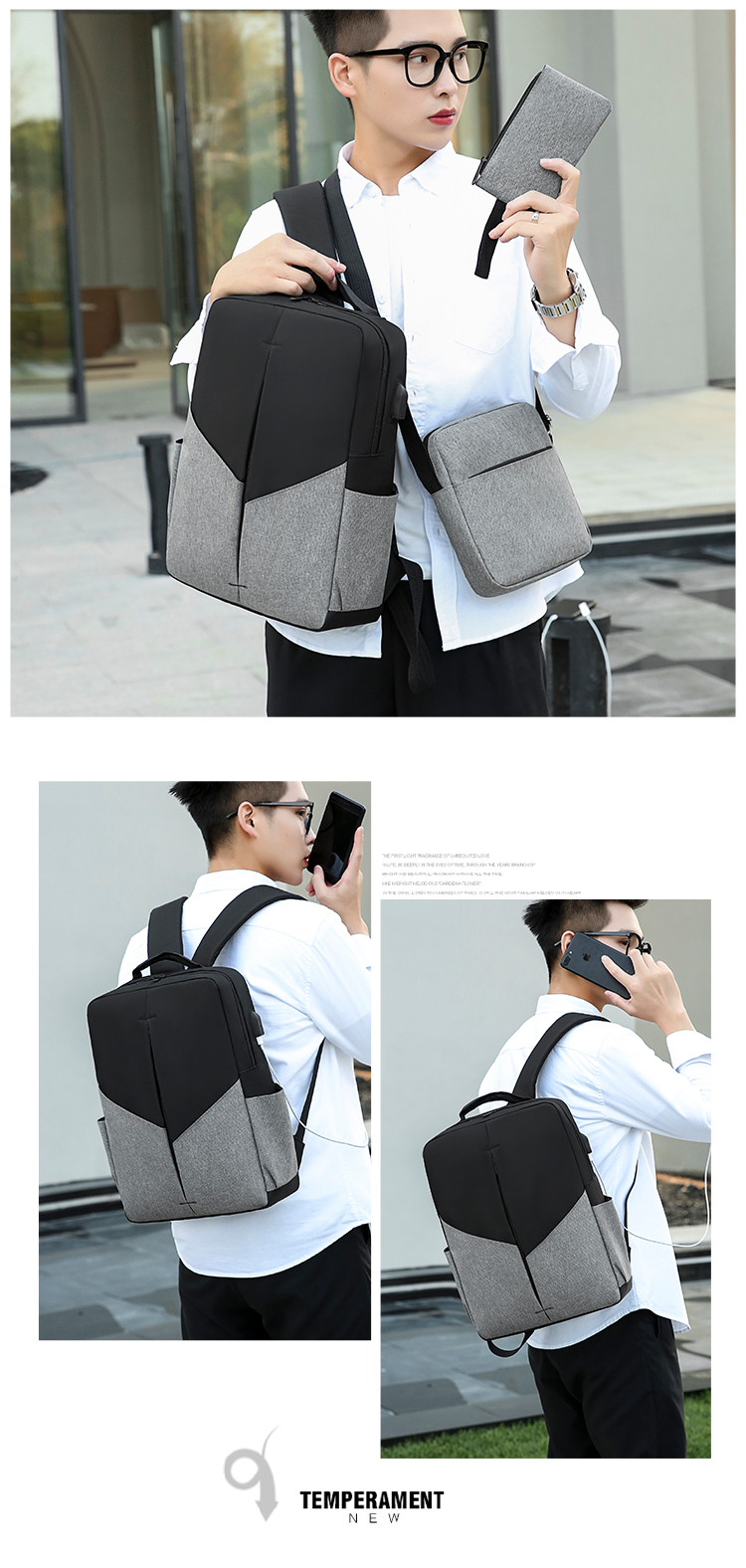 3-Piece Laptop Backpack Set – Grey Waterproof School
