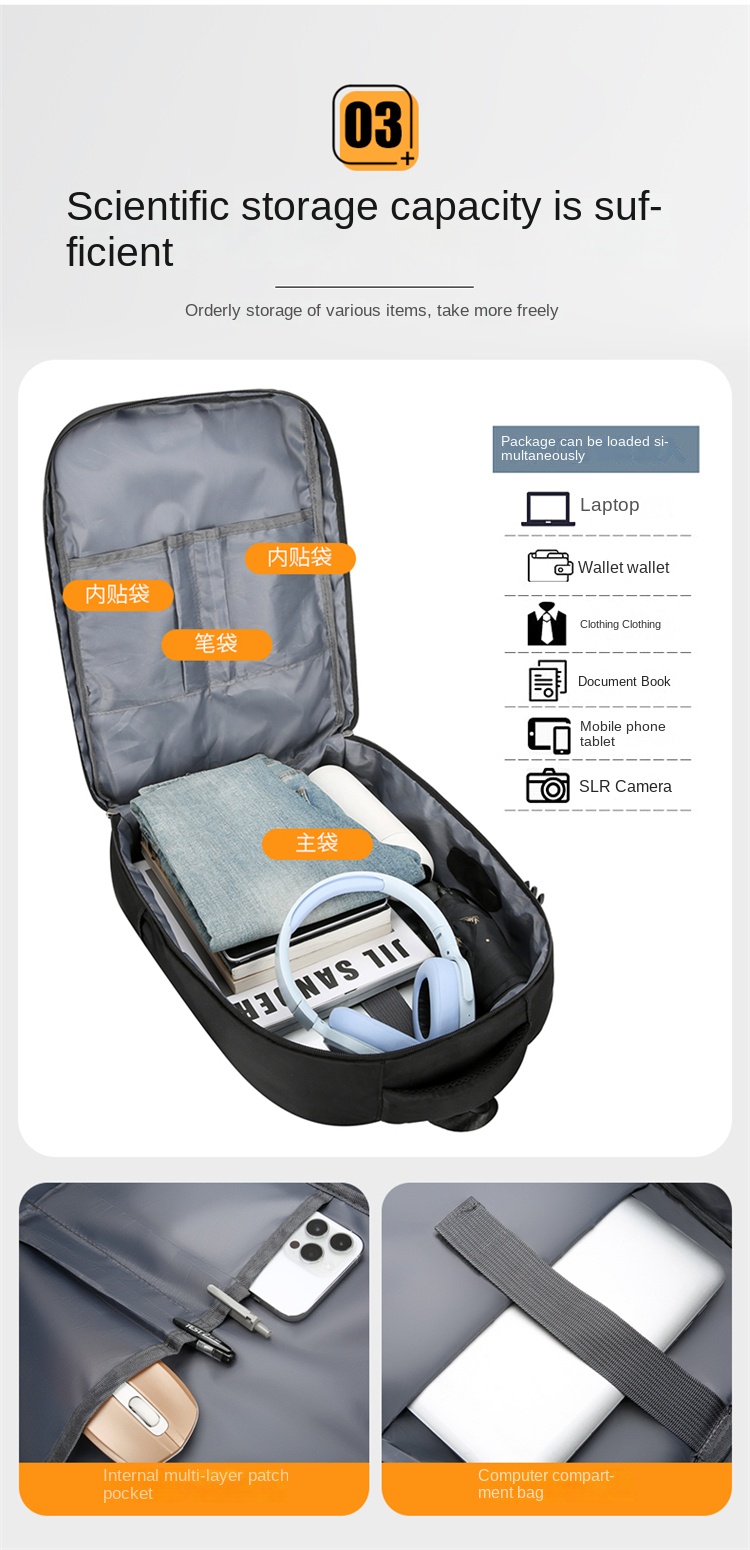 Large Capacity Laptop Backpack – Water-Resistant Travel Computer Bag with USB Charging Port