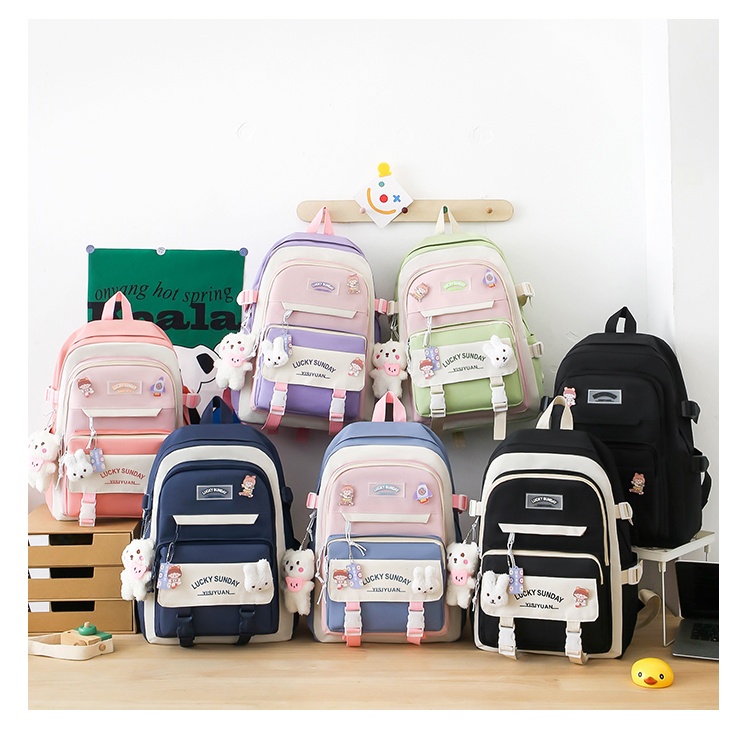 5-in-1 Color Block Student Backpack Set – School Bag with Lunch Box, Pencil Pouch