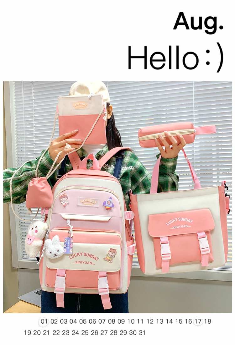 5-in-1 Color Block Student Backpack Set – School Bag with Lunch Box, Pencil Pouch
