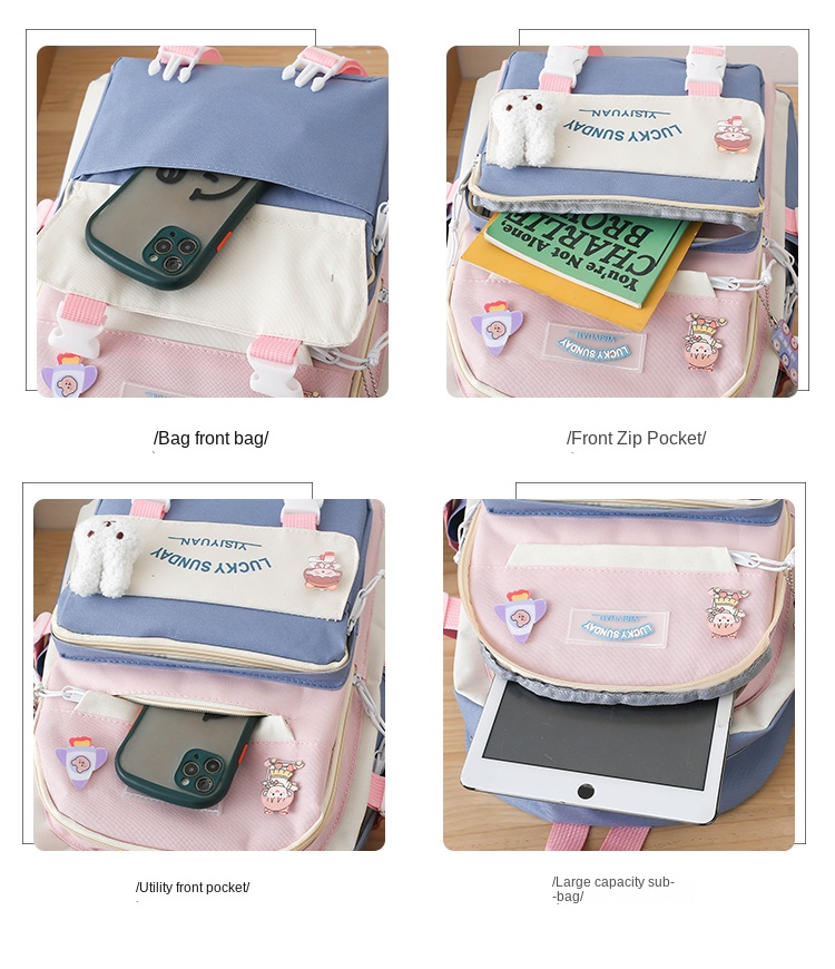 5-in-1 Color Block Student Backpack Set – School Bag with Lunch Box, Pencil Pouch