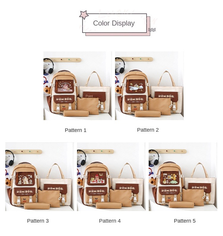 Cute Pastel Backpack Set for Girls – 5-Piece School Bag Kit with Bunny Charm