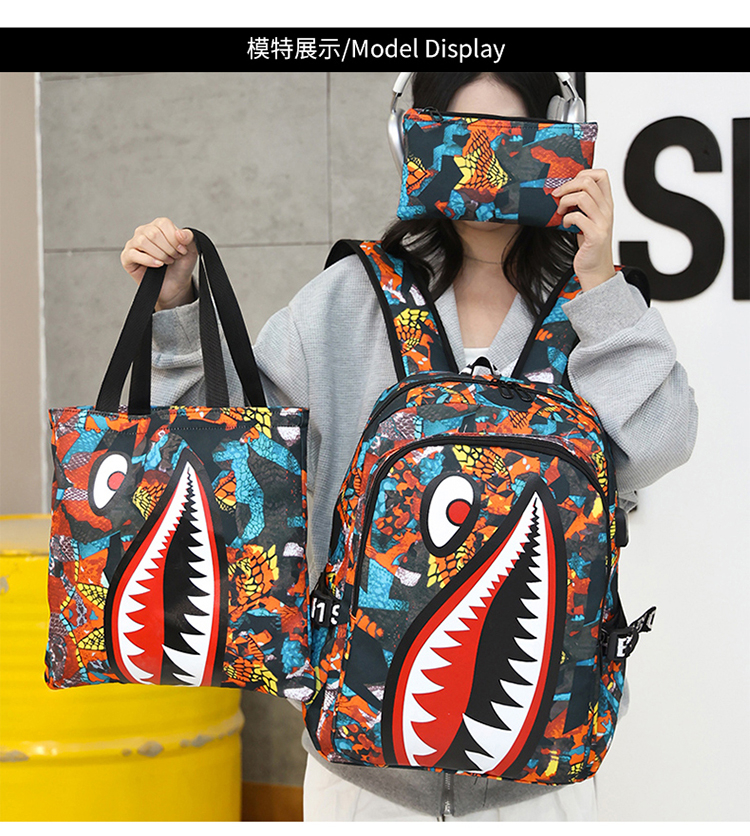 Shark Mouth 3‑Piece Student Backpack Set – Backpack, Lunch Bag