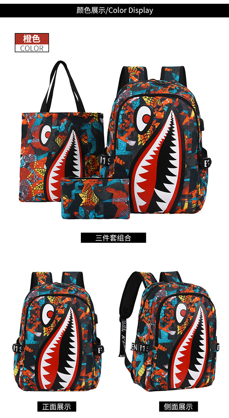 Shark Mouth 3‑Piece Student Backpack Set – Backpack, Lunch Bag
